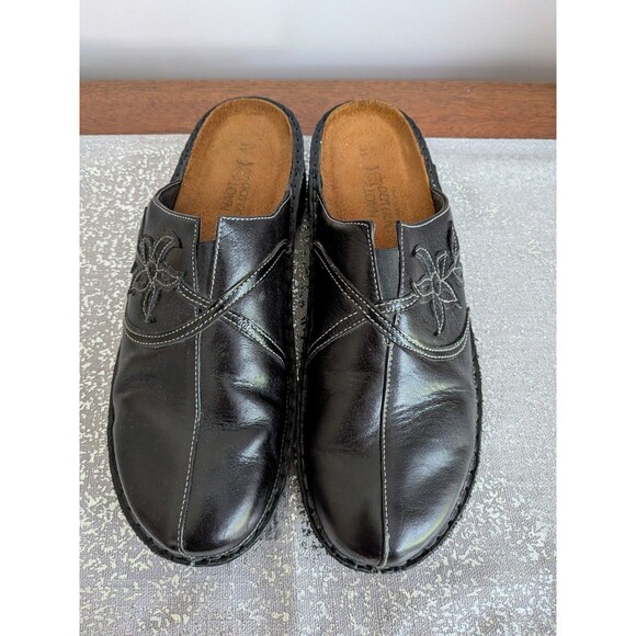 Naot Shoes Womens 41 (US 10-10.5)Madras Black Leather Floral Slip On Mule Clogs - Picture 3 of 9